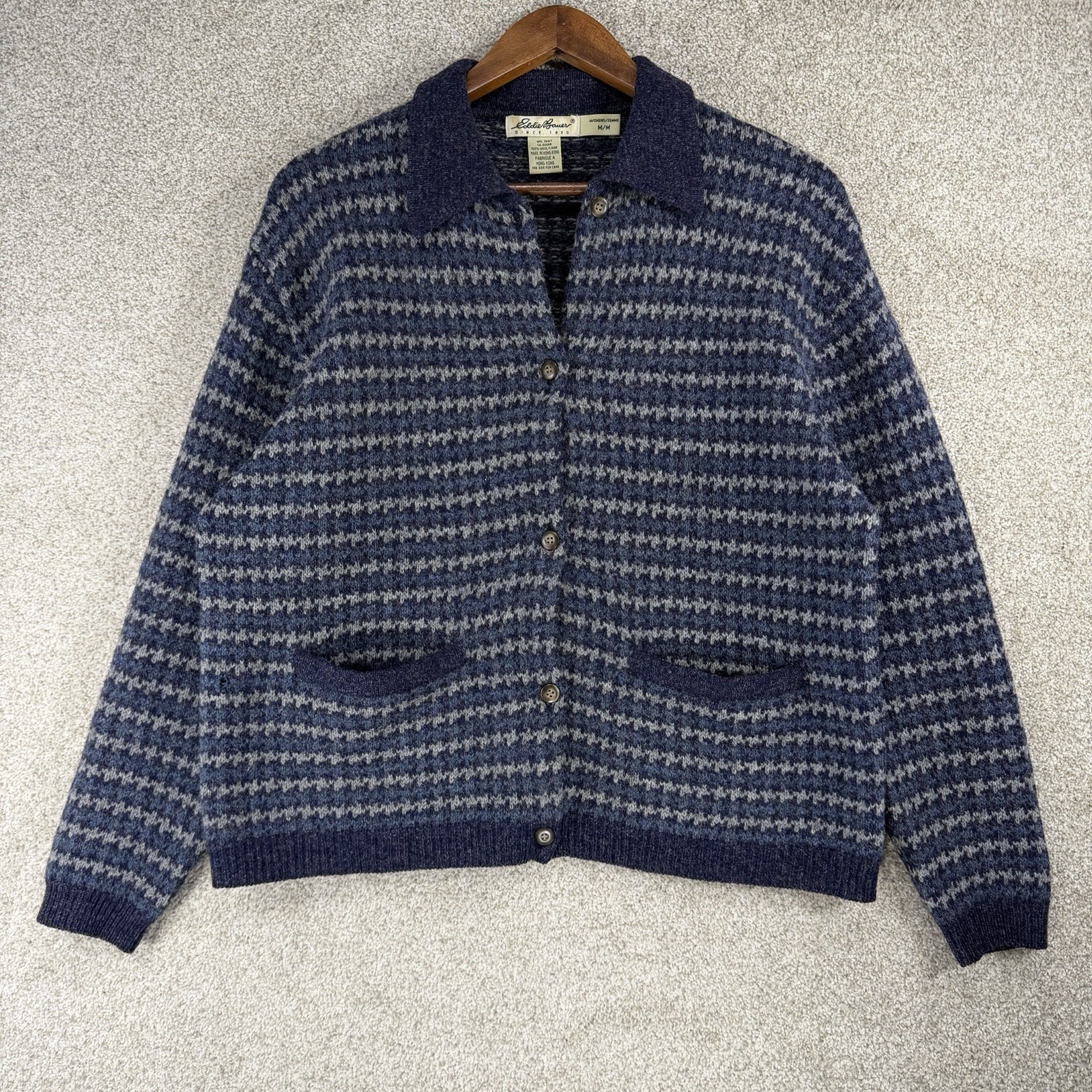 Vtg Eddie Bauer Sweater M 100% Wool Houndstooth Cardigan Blue Cottage Core *Hole